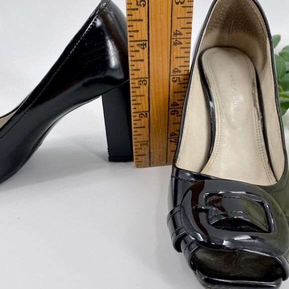 Etienne Aigner Black Patent Leather Peep Toe Pumps With Buckles Size 6.5 - Picture 6 of 8